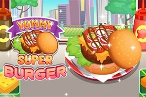 Hamburger ilustrat cu salată, roșii, ceapă și sos, prezentat pe o farfurie, alături de sticle de ketchup și muștar și textul Yummy Super Burger