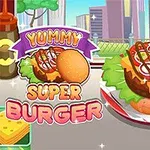 Hamburger ilustrat cu salată, roșii, ceapă și sos, prezentat pe o farfurie, alături de sticle de ketchup și muștar și textul Yummy Super Burger