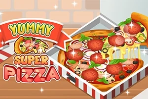 O pizza delicioasă cu toppinguri variate, într-o cutie, alături de un banner cu text colorat