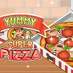 O pizza delicioasă cu toppinguri variate, într-o cutie, alături de un banner cu text colorat