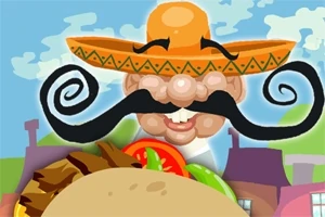 Un personaj cu mustață mare și sombrero colorat, ținând un taco în fața unor clădiri animate
