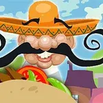 Un personaj cu mustață mare și sombrero colorat, ținând un taco în fața unor clădiri animate