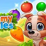 Un cățel animat alături de legume și fructe colorate cu titlul Yummy Tales în fundal