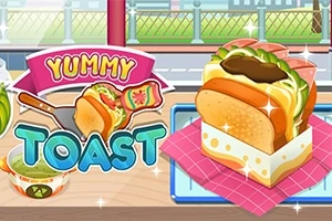 Un sandwich apetisant cu mai multe straturi de ingrediente pe un șervețel roz, alături de un bol de sos și un panou cu textul Yummy Toast