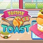Un sandwich apetisant cu mai multe straturi de ingrediente pe un șervețel roz, alături de un bol de sos și un panou cu textul Yummy Toast