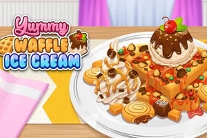 Vafe delicioase cu înghețată decorată cu ciocolată, frișcă, bomboane colorate și o cireașă, pe o farfurie