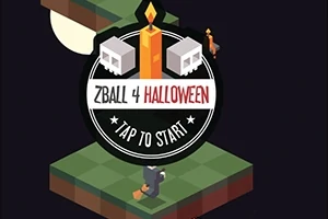 Sigla ZBall 4 Halloween cu o lumânare și cranii albe pe un fundal de noapte, având un personaj îmbrăcat în negru pe o platformă pătrată