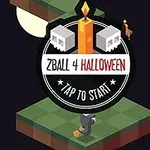 Sigla ZBall 4 Halloween cu o lumânare și cranii albe pe un fundal de noapte, având un personaj îmbrăcat în negru pe o platformă pătrată