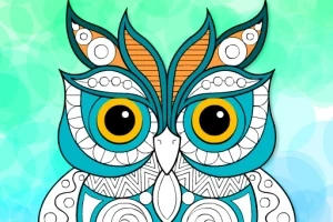 Bufniță colorată desenată cu detalii intricate și modele geometrice pe un fundal verde deschis