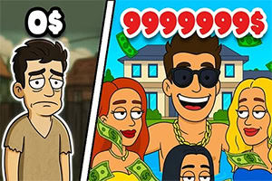 Ilustrație cartoon cu un bărbat sărac și trist lângă un grup vesel de oameni bogați, bani, casă și suma „99999999$