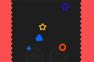 Fundal negru cu forme geometrice colorate, incluzând un pentagon albastru, o stea galbenă, un triunghi albastru și un cerc portocaliu, toate încadrate de margini roșii zimțate