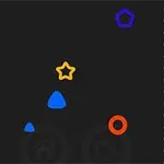 Fundal negru cu forme geometrice colorate, incluzând un pentagon albastru, o stea galbenă, un triunghi albastru și un cerc portocaliu, toate încadrate de margini roșii zimțate