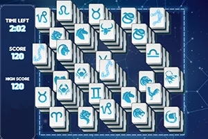 Plăci de Mahjong aranjate în grupuri, fiecare având simboluri astrologice, cu timer și scor afișate în stânga