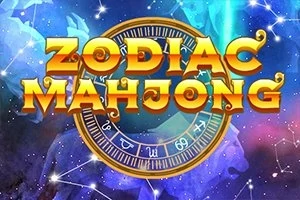 Textul ZODIAC MAHJONG în fața unui fundal cosmic cu un cerc zodiacal albastru și galben
