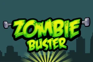 Textul Zombie Buster este afișat cu litere verzi și luminoase pe un fundal cu siluete de oraș și haltere la capete