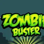 Textul Zombie Buster este afișat cu litere verzi și luminoase pe un fundal cu siluete de oraș și haltere la capete