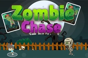 Text colorat Zombie Chase pe fundalul unui peisaj nocturn cu un gard, un copac întunecat și caractere de tip zombie