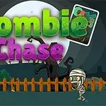 Text colorat Zombie Chase pe fundalul unui peisaj nocturn cu un gard, un copac întunecat și caractere de tip zombie