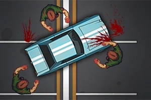 Mașină albastră pe un drum, înconjurată de zombi cu pete de sânge