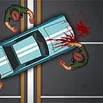 Mașină albastră pe un drum, înconjurată de zombi cu pete de sânge