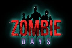 Siluete întunecate de zombi cu ochi strălucitori pe un fundal întunecat, cu textul Zombie Days în prim-plan