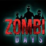 Siluete întunecate de zombi cu ochi strălucitori pe un fundal întunecat, cu textul Zombie Days în prim-plan