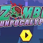 Textul Zombie Gunpocalypse cu un design grafic de zombie și un buton galben de start într-un fundal de oraș sumbru