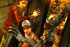 Zombie Hunter Un bărbat și un copil își fac loc printr-o ușă în timp ce sunt urmăriți de zombi înfricoșători