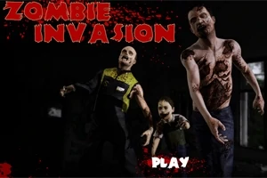 Trei zombi înfricoșători înaintează într-un decor întunecat, cu textul Zombie Invasion deasupra