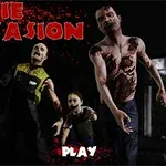 Trei zombi înfricoșători înaintează într-un decor întunecat, cu textul Zombie Invasion deasupra