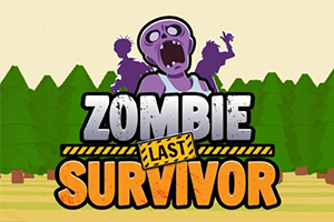 Un zombie violet strigă, cu literele Zombie Last Survivor afișate în fața unei păduri de brazi