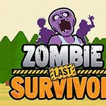 Un zombie violet strigă, cu literele Zombie Last Survivor afișate în fața unei păduri de brazi