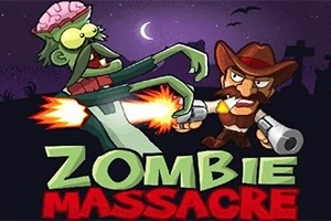Un cowboy animat trage cu un pistol spre un zombie verde cu creierul expus, pe un fundal de noapte cu un cimitir și lună