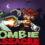 Un cowboy animat trage cu un pistol spre un zombie verde cu creierul expus, pe un fundal de noapte cu un cimitir și lună