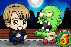 Un personaj desenat animat și un zombie verde pe un fundal de oraș noaptea, cu o lună plină pe cer