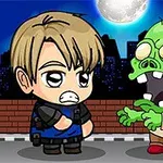 Un personaj desenat animat și un zombie verde pe un fundal de oraș noaptea, cu o lună plină pe cer