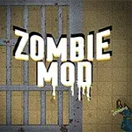 Textul Zombie Mod suprapus peste o imagine pixelată cu o ușă de metal și un personaj animat în partea dreaptă