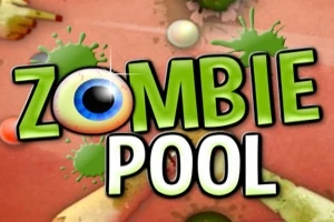 Textul Zombie Pool cu un design colorat și un ochi mare în locul literei O, plasat pe un fundal cu pete verzi