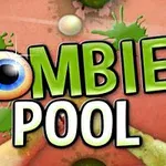 Textul Zombie Pool cu un design colorat și un ochi mare în locul literei O, plasat pe un fundal cu pete verzi
