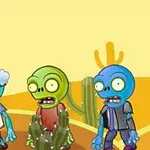Trei zombi cu pielea colorată diferit, purtând haine neobișnuite, în peisaj de deșert cu cactuși