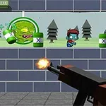 Un pistol automat trage către ținte cu zombie și simboluri de scor pe un fundal cu ziduri de cărămidă și copaci stilizați
