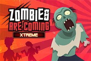 Un zombie stilizat cu gura deschisă în dreapta și siluetele a două personaje pe fundalul unui design roșu cu dungi și text mare Zombies Are Coming Xtreme