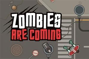 Textul Zombies Are Coming pe un fundal de stradă cu elemente urbane și un zombie desenat