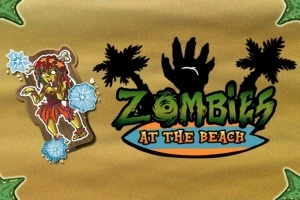 Zombi în costum hawaian cu gheață în jur și textul „Zombies at the Beach” pe un fundal maro cu palmieri