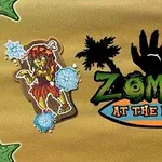 Zombi în costum hawaian cu gheață în jur și textul „Zombies at the Beach” pe un fundal maro cu palmieri