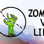 Ilustrație cu o mână verde de zombie ieșind din pământ, încadrată într-un cerc, alături de titlul Zombies vs