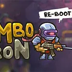 Textul Zombotron apare în prim-plan, însoțit de un personaj înarmat cu o pușcă și un costum de protecție, cu un discurs ce conține cuvântul Re-Boot