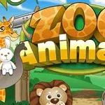 Un colaj colorat cu animale de desene animate și cuvintele Zoo Animals în prim-plan