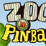 Textul „Zoo Pinball” scris cu litere mari și colorate, înconjurat de copaci verzi pe fundal albastru deschis