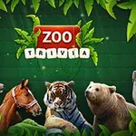 Un tigru, un cal, un urs, un focă și un elan înconjurați de frunze verzi cu textul Zoo Trivia deasupra
